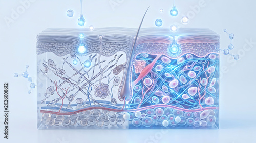 3D Rendering Clear Serum Drop Absorbing into Skin Layers and Collagen Network for Deep Hydration Illustration.