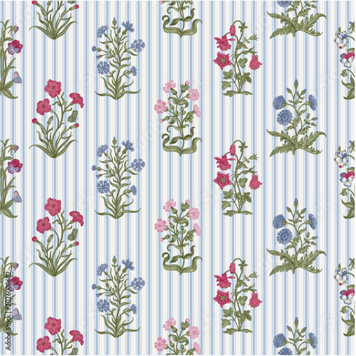 Flowers of the Meadow. Blue vertical stripes. Cottagecore. Vintage seamless pattern. Colorful