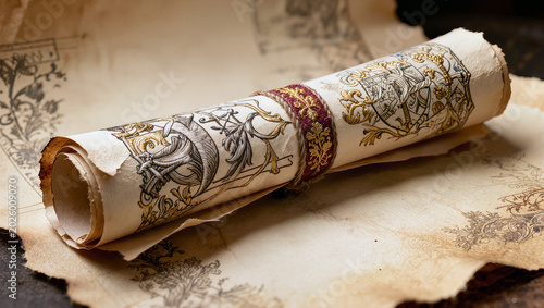 Ancient scroll rests on aged parchment with intricate designs