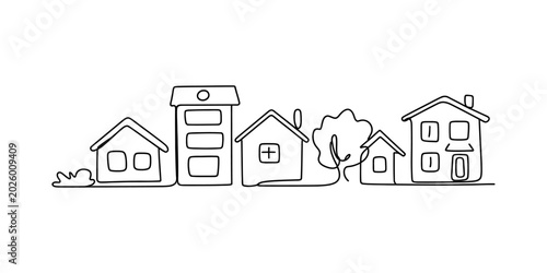 Continuous single line drawing of a small village street with houses and a tree in a simple minimalist style for real estate or home concept Vector, illustration