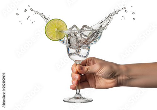 Hand holding margarita glass with splashing drink, lime garnish, and ice.