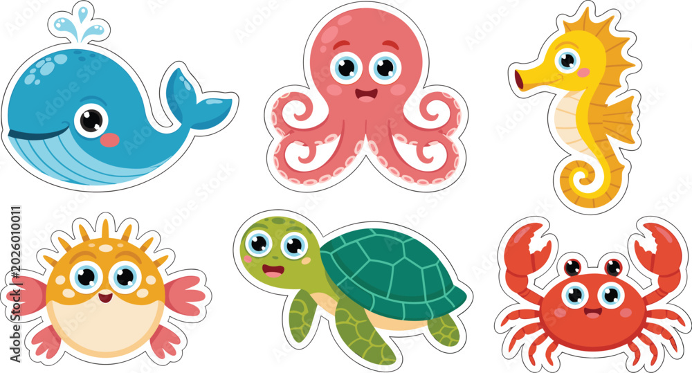 Fototapeta premium Cute Cartoon Sea Animal Sticker Set with Whale Octopus Seahorse Pufferfish Sea Turtle and Crab Characters for Kids Ocean Nursery Designs