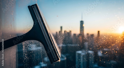 Window squeegee cleaning dirty glass window with high rise city skyline at sunset