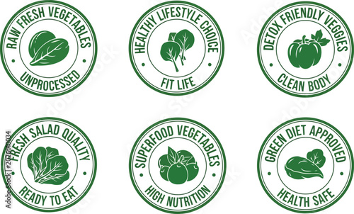 Fotografía Six green vegetable stamps fresh unprocessed healthy fit life detox clean