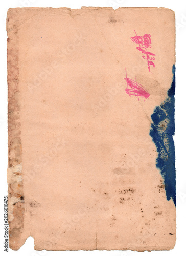Aged paper with torn edges, stains, and pink ink marks alongside blue watercolor damage. Distressed vintage texture shows wear and deterioration. Excellent for historical and grunge design.
