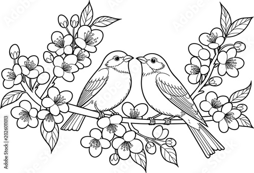 Photos Birds on Cherry Blossom Branch Coloring Page Line Art Vector with Two Sparrows P