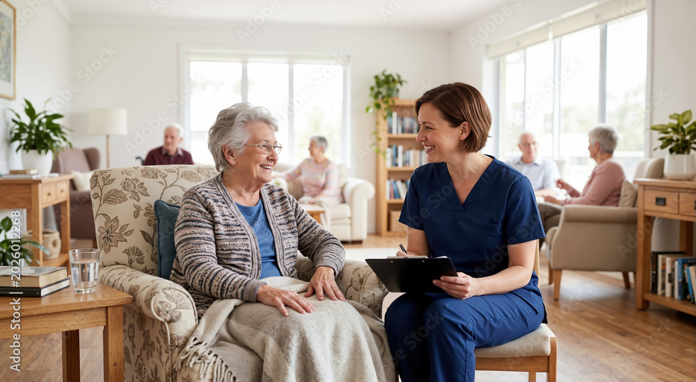 Obraz premium Nurse with a clipboard talking to an elderly woman in a nursing home. Healthcare professional visiting a smiling senior patient in an assisted living facility common room