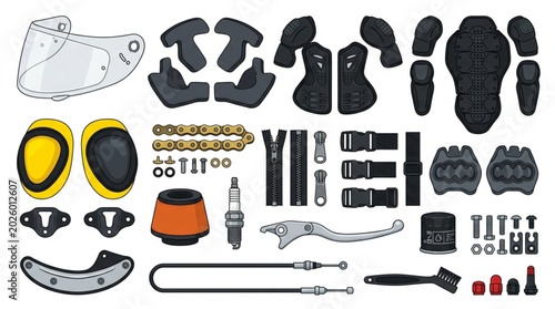 Tableau sur toile Motorcycle Gear and Parts Collection Isolated on White Background