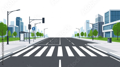 Konstfotografi Pedestrian Crossing on a City Street with Buildings and Trees.