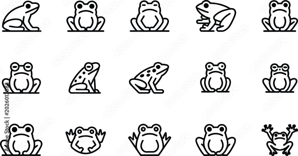 Obraz premium Frog and toad minimal outline icon set, vector amphibian line art symbols isolated on white background