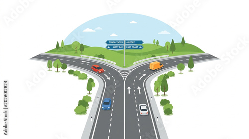 Tableau sur toile Road junction with cars and green landscape.