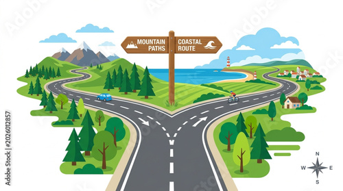 Road splits into two directions with signpost showing choices.