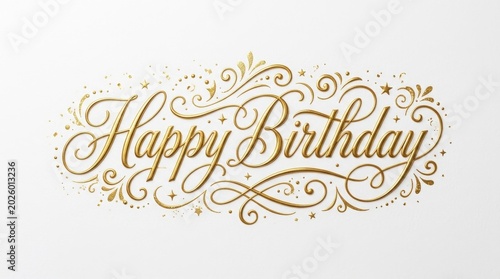 Elegant golden happy birthday script on white background, celebration greeting typography, party luxury festive ornament,