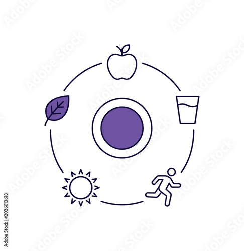 healthy living hub icon as circular core representing wellness ecosystem with orbiting elements including apple, water