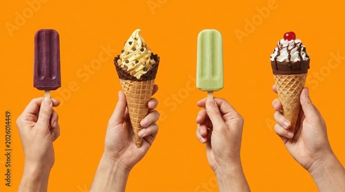 m Assorted frozen summer treats held in hands, colorful ice cream cones and fruit popsicles on orange background, variety of cold desserts