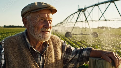 Elderly farmer by irrigated field at golden hour