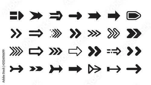 Versatile Vector Arrow Icon Set in Black, Featuring Various Styles for Web Design, UI/UX, and Directional Graphic Elements
