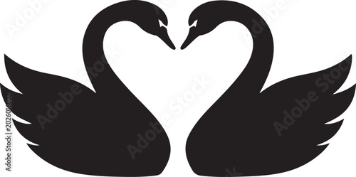Black swan pair, heart shape, love symbol, vector icon