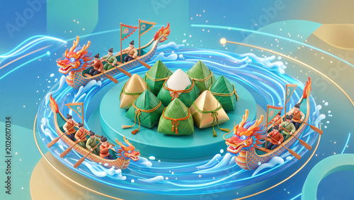 3D Dragon Boat Festival Illustration with Zongzi Rice Dumplings and Traditional Racing Boats