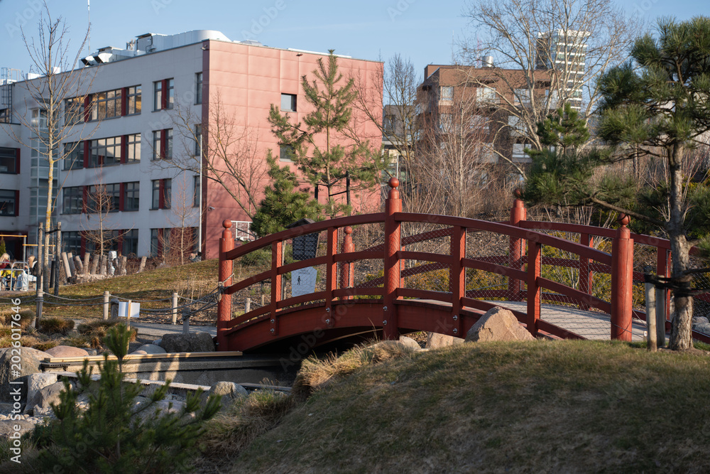 Fototapeta premium red arched wooden footbridge crossing a small stream in a tranquil urban park garden, framed by evergreen pines, bare winter trees and pastel apartment buildings under clear blue daylight, daylight