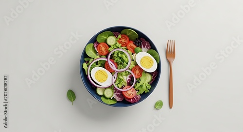 Fresh vegetable salad with boiled eggs in a blue bowl