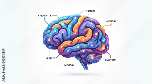 Bild auf Leinwand Colorful Human Brain Anatomy Illustration with Labels.