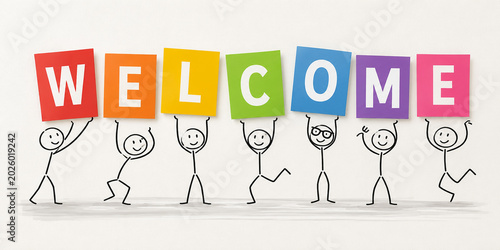 Welcome word held by happy doodle stick figure children on white background.