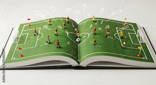Miniature soccer players on an open book with tactical drawings
