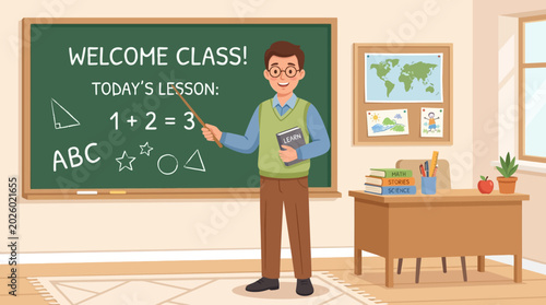 A cute flat vector illustration of a male teacher standing in front of a classroom blackboard.