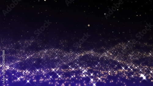 Golden glitter particles dust powder shining stars abstract blue background