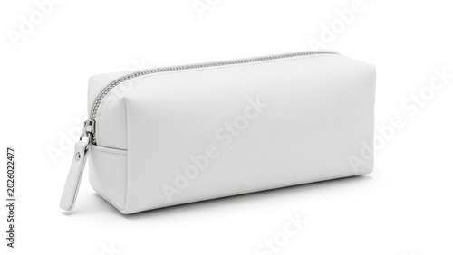 Empty white leather pencil case with silver zipper isolated on white background