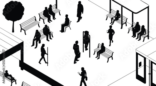 Photography Isometric urban public space benches shelter tree people silhouettes walking sit