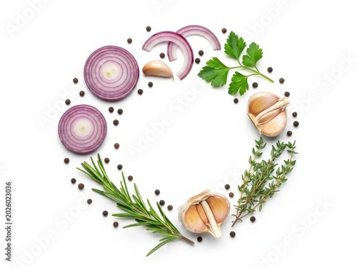 Fresh red onion slices, garlic cloves, rosemary, thyme, and parsley on white background