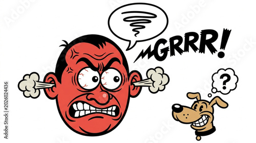Photos Angry man with steam coming out of ears and confused dog.