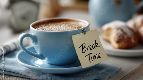 Desk break moment with coffee and note highlighting importance of rest and healthy work