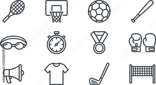 Tableau sur toile Sports and Fitness Equipment Line Vector Icon Set with Tennis Racket Basketball