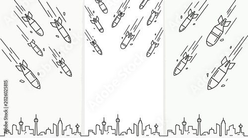 Cuadro en lienzo Hand drawn illustration of falling bombs attacking a city skyline