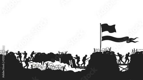 Bilde på lerret Silhouette illustration of soldiers fighting in a trench during a world war