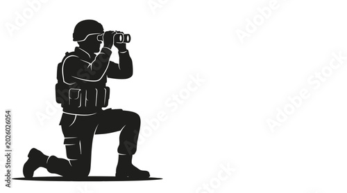 Photos Silhouette of a soldier kneeling and using binoculars to observe.
