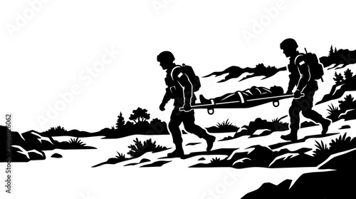 Foto Black and white silhouette illustration of soldiers carrying a wounded comrade on a stretcher