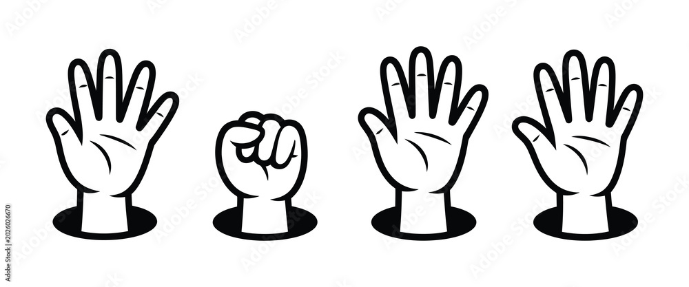 Fototapeta premium Four cartoon hands with different gestures on white background
