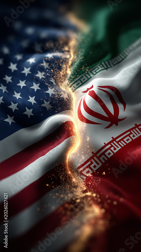 United States and Iran National Flags Intertwined in Creased Fabric Folds Symbolizing Geopolitical Tensions Sanctions and Middle East Diplomacy.