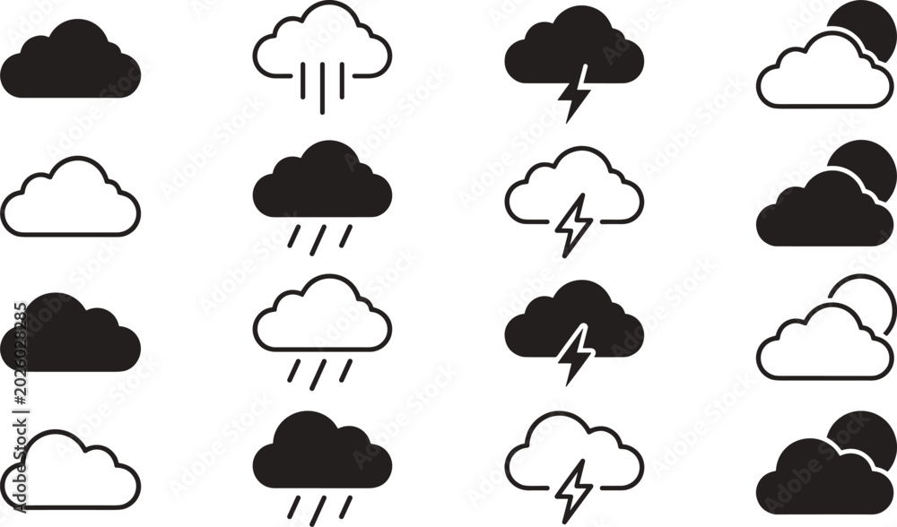 Obraz premium Minimalist Weather Forecast Line Art and Silhouette Vector Icon Set with Rain Thunderstorm Sun and Cloud Symbols for Mobile Application UI Templates
