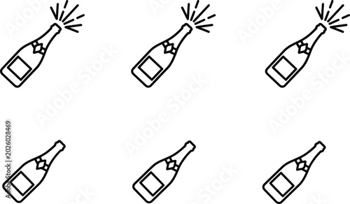 Bild auf Leinwand Champagne bottle popping celebration line icon set with closed and exploding par