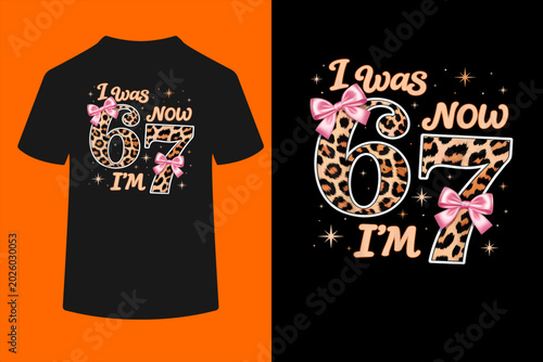 Fotografie Leopard Bow I was 6 Now I'm 7 Six Seven 7th Birthday Girl T-Shirt