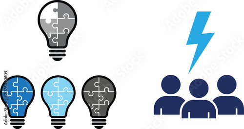 Schilderij op canvas Brainstorming and puzzle lightbulb icon set with team strategy creative problem