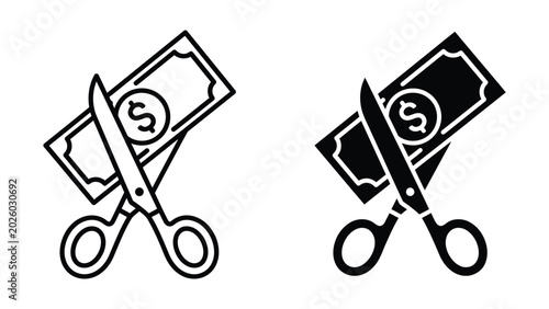 Scissors cutting dollar bills icon