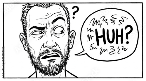 Fotografía Confused Man With Question Mark and Huh Speech Bubble.