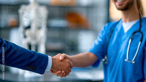 Veterinary industry deal handshake between a suited executive and a veterinary professional, clinical examination room with anatomical skeleton model visible in the background,
