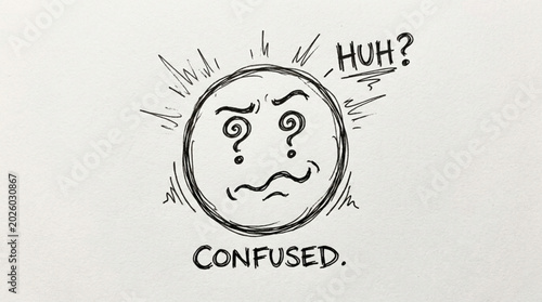 Foto Confused smiley face drawing with question marks and text.